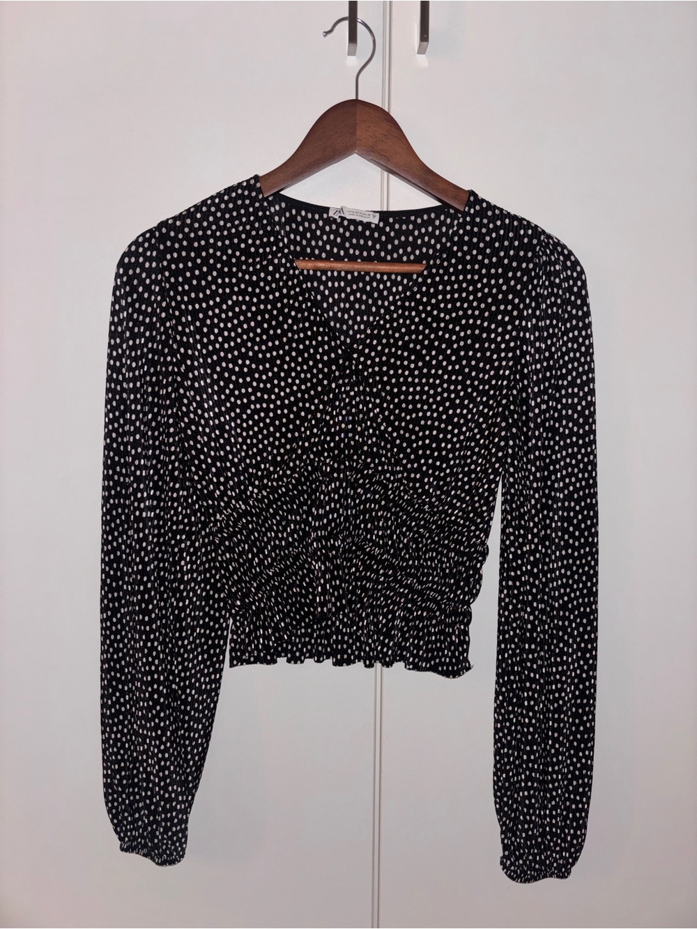 Zara Black & White Polka Dot Long-Sleeve Smocked Top